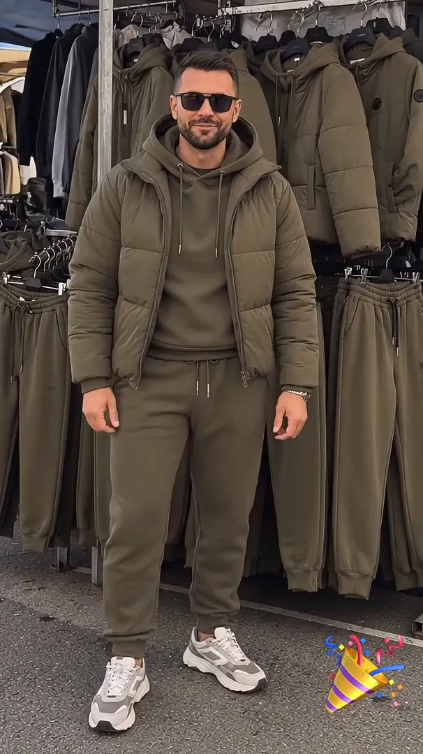 Men's 3-Piece Casual Set: Hooded Padded Jacket, Sweatshirt, and Cuffed Joggers (Autumn/Winter)