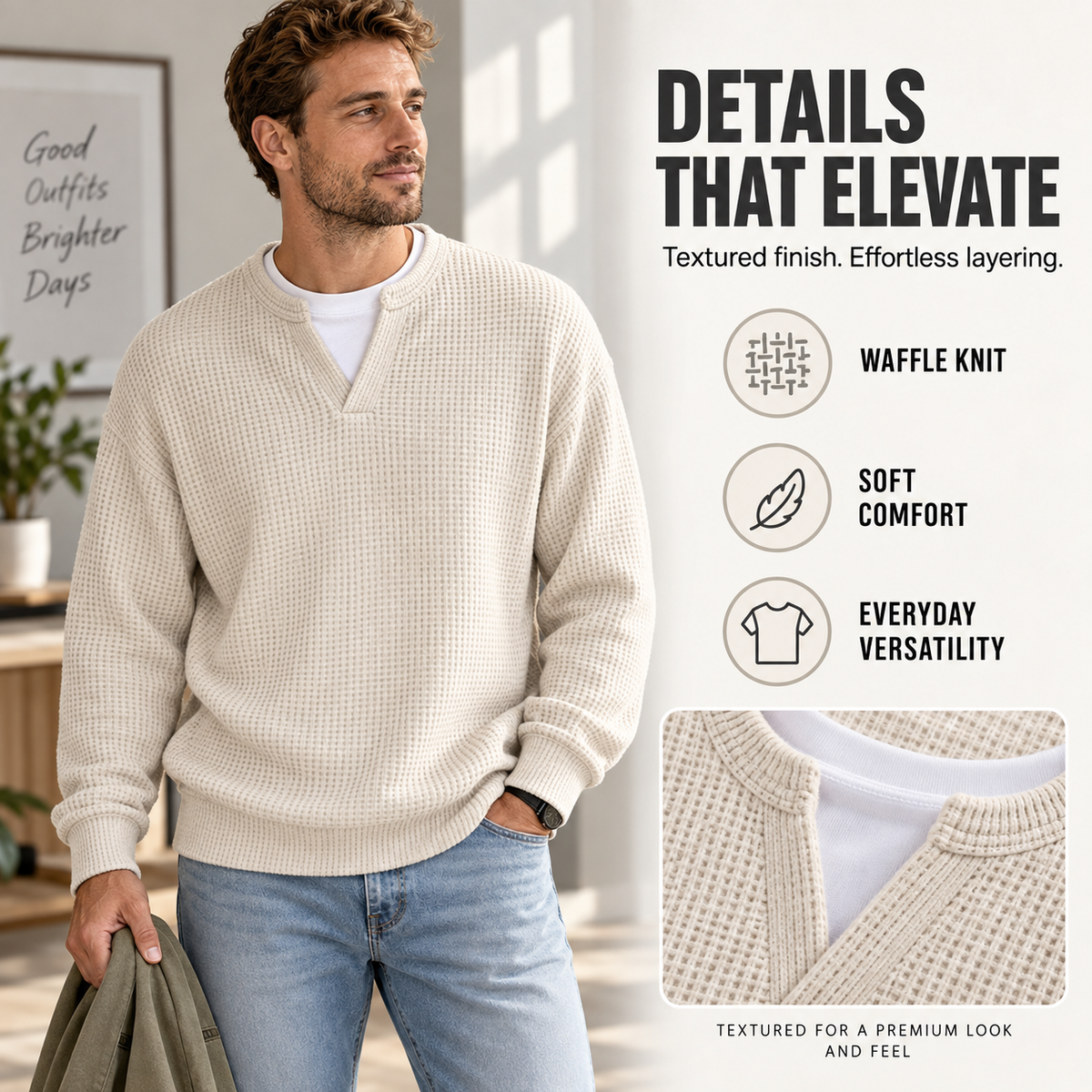 🔥LAST DAY SALE 50% OFF !!🏆UrbanCraft  Men's Casual Waffle Knit Sweater