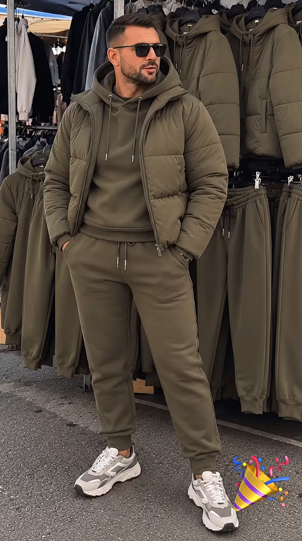 Men's 3-Piece Casual Set: Hooded Padded Jacket, Sweatshirt, and Cuffed Joggers (Autumn/Winter)