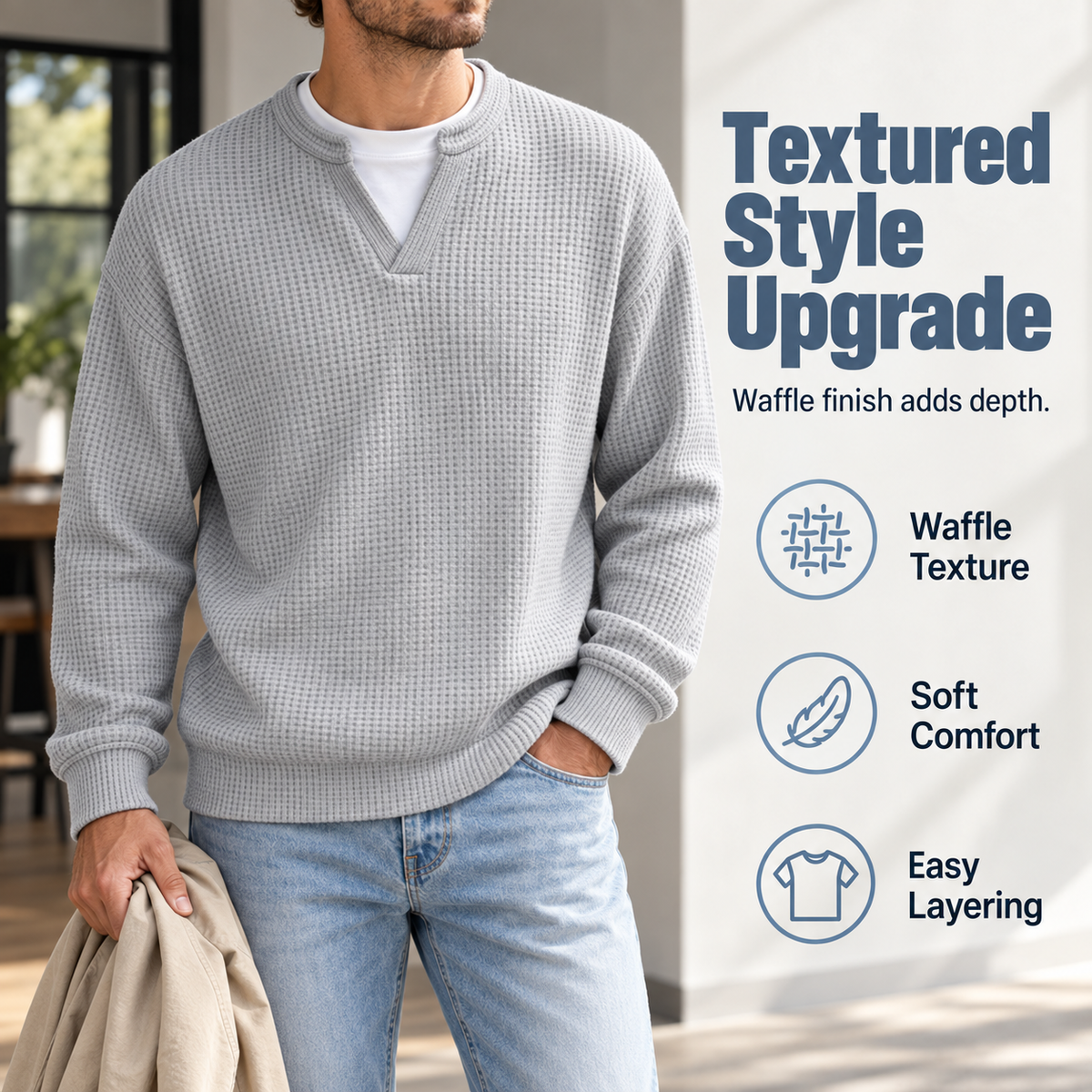 🔥LAST DAY SALE 50% OFF !!🏆UrbanCraft  Men's Casual Waffle Knit Sweater