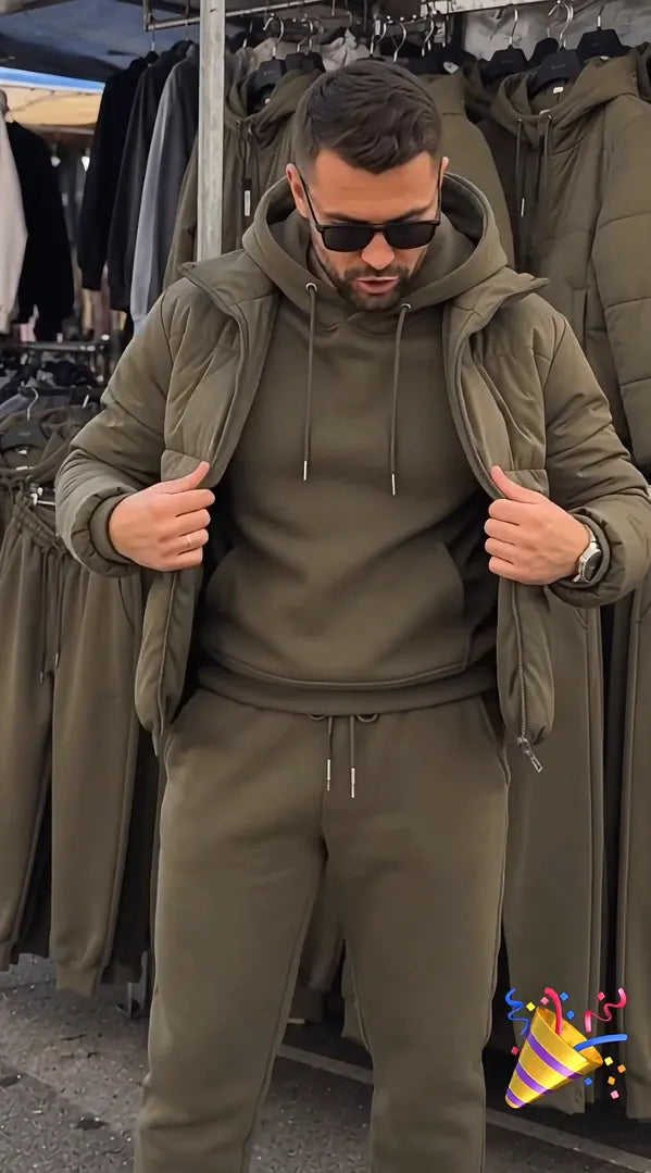 Men's 3-Piece Casual Set: Hooded Padded Jacket, Sweatshirt, and Cuffed Joggers (Autumn/Winter)