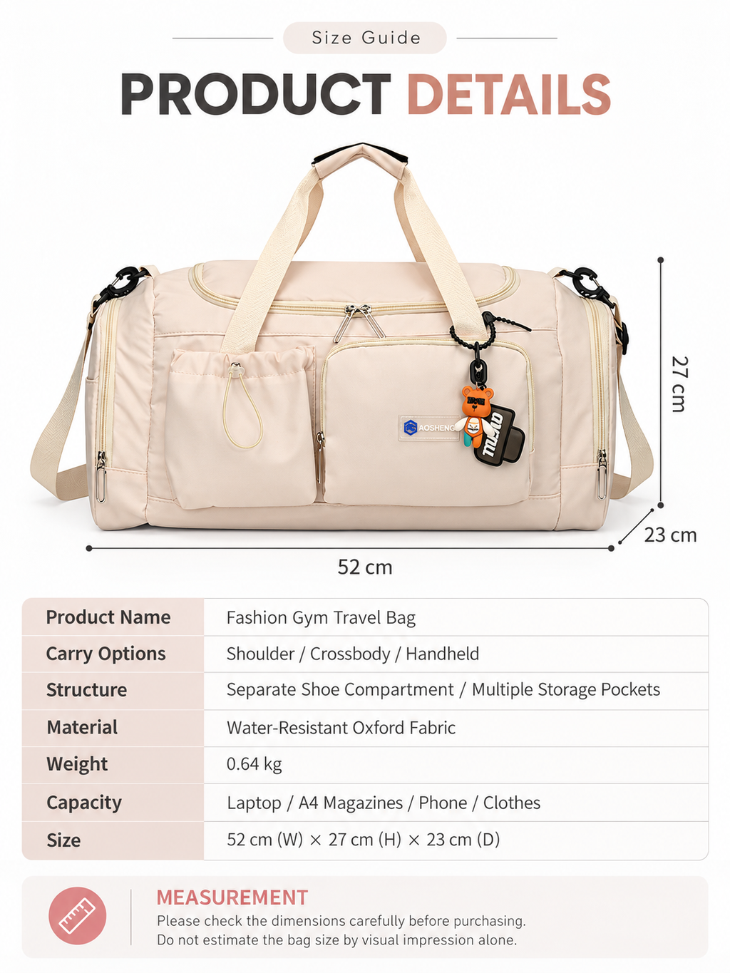 Women's Large Capacity Travel Duffel Bag With Shoe Compartment