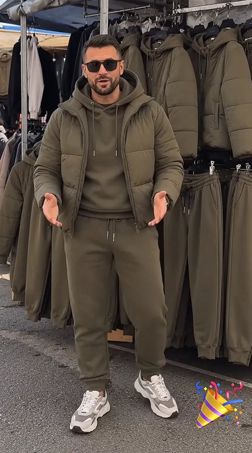 Men's 3-Piece Casual Set: Hooded Padded Jacket, Sweatshirt, and Cuffed Joggers (Autumn/Winter)