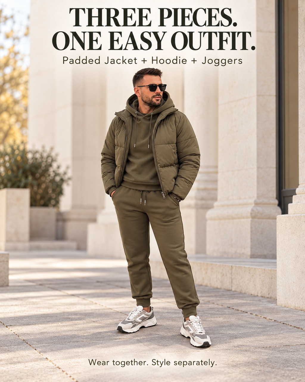 Men's 3-Piece Casual Set: Hooded Padded Jacket, Sweatshirt, and Cuffed Joggers (Autumn/Winter)
