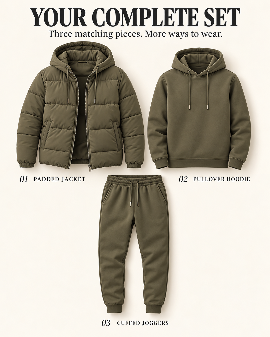 Men's 3-Piece Casual Set: Hooded Padded Jacket, Sweatshirt, and Cuffed Joggers (Autumn/Winter)