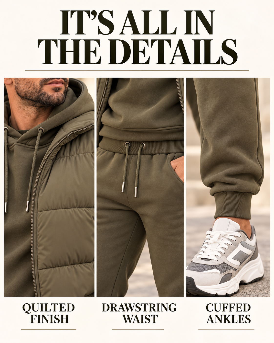 Men's 3-Piece Casual Set: Hooded Padded Jacket, Sweatshirt, and Cuffed Joggers (Autumn/Winter)